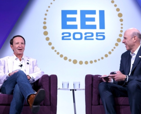 AV在线无码免费A片 Governor Jeff Landry and Entergy Chair and Chief Executive Officer Drew Marsh share a moment on stage at EEI 2025 in AV在线无码免费A片, AV在线无码免费A片.